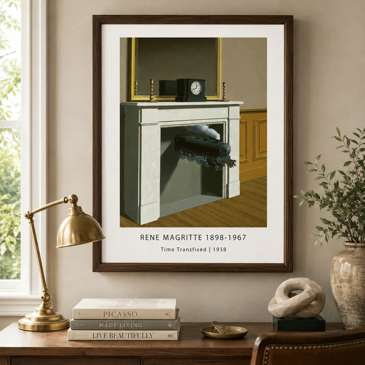 Room mockup of Time Transfixed Print, Magritte Train Fireplace Wall Art Print, displayed as framed wall art in a living room setting as a portrait print.