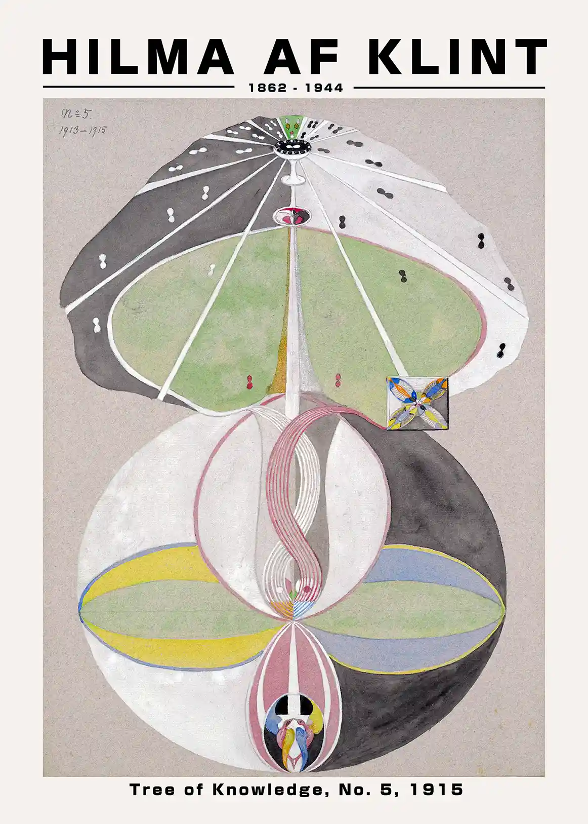 Hilma af Klint print Tree of Knowledge No 5 1915 showing symmetrical abstract spiritual diagrams in green and pink.