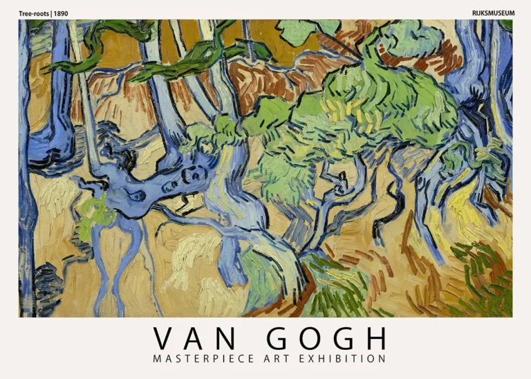 Van Gogh Tree Roots — intricate composition of blue and green gnarled tree roots and trunks