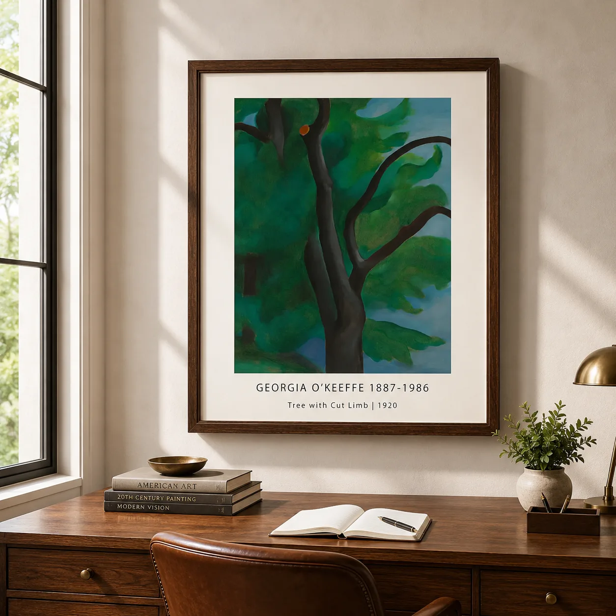 Room mockup of O'Keeffe Tree Print, Tree with Cut Limb Green Wall Art Print, displayed as framed wall art in a bedroom setting as a portrait print with blue, green, and orange tones.
