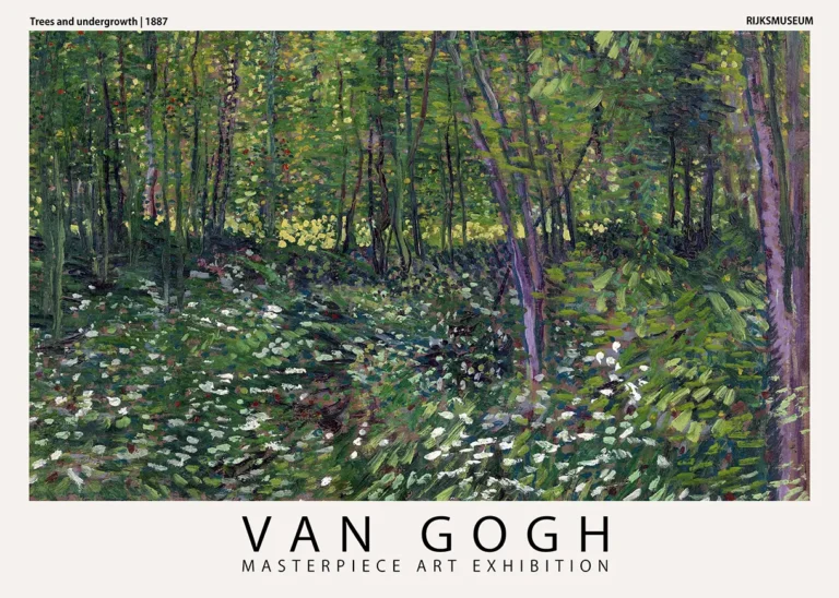 Trees Undergrowth 1887 van — impressionist landscape featuring a lush forest floor of white flowers