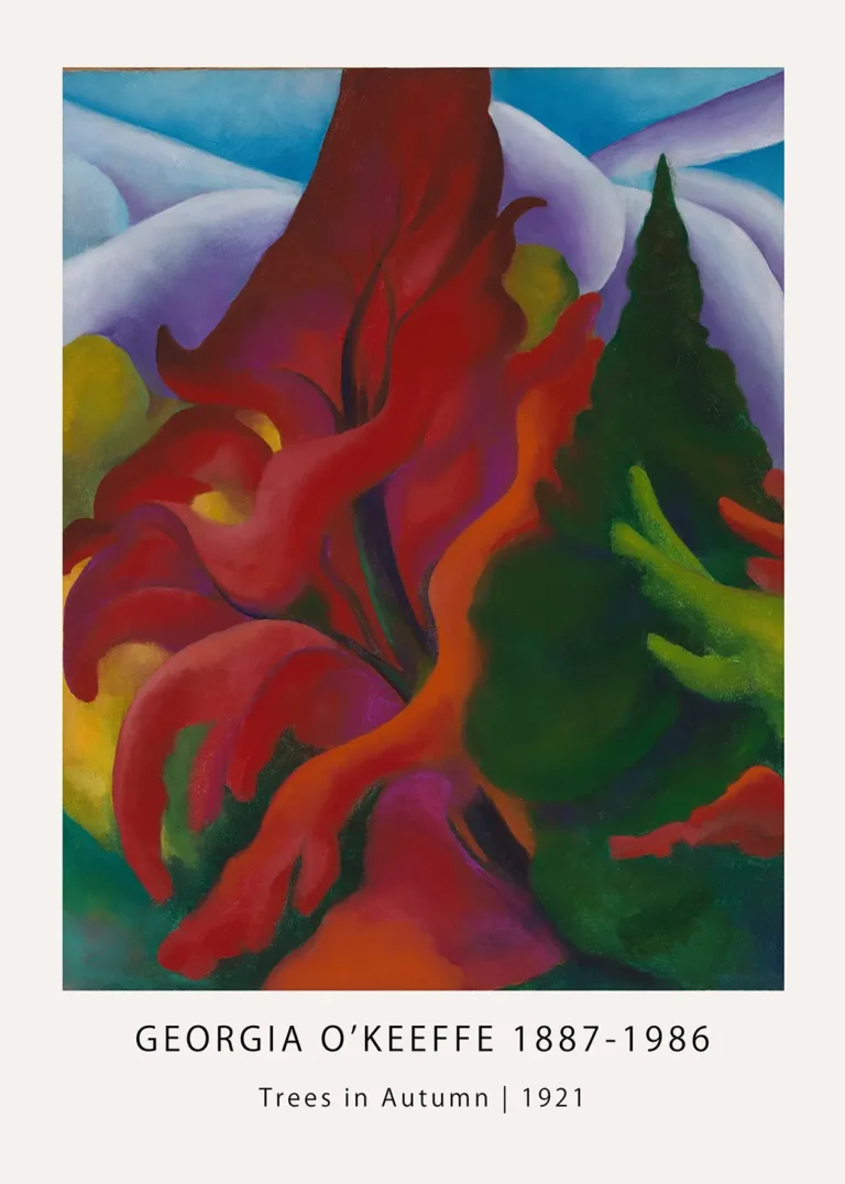 Georgia O'Keeffe print Trees in Autumn 1921 featuring abstract red flame trees and green forest shapes.