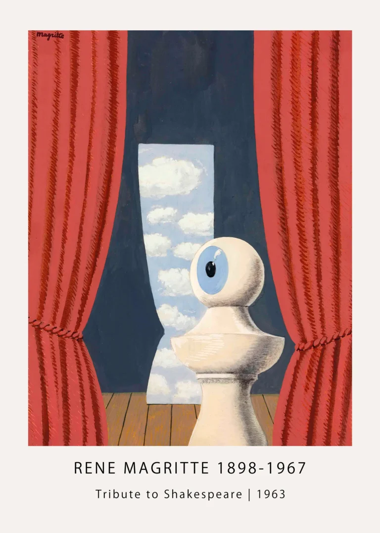 Magritte Shakespeare Poster Red — magritte Shakespeare poster with red stage curtains, a central eye form