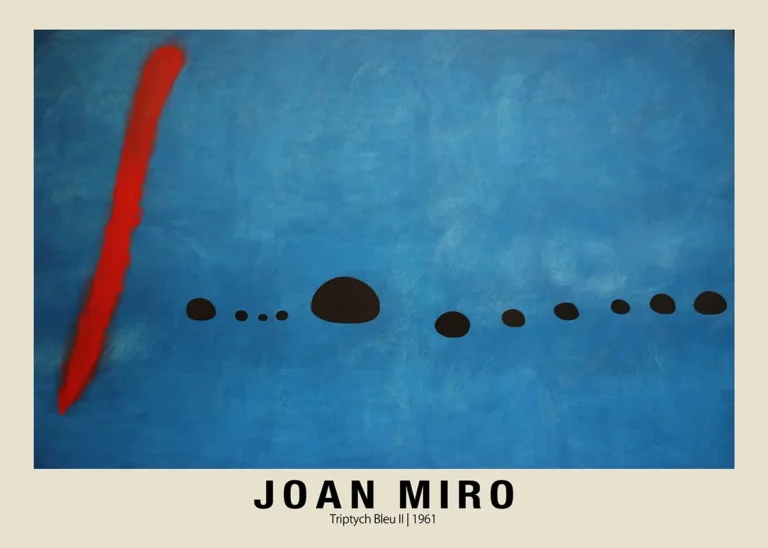 Joan Miro Bleu Ii — vibrant blue expanse featuring a bold diagonal red slash and a rhythmic