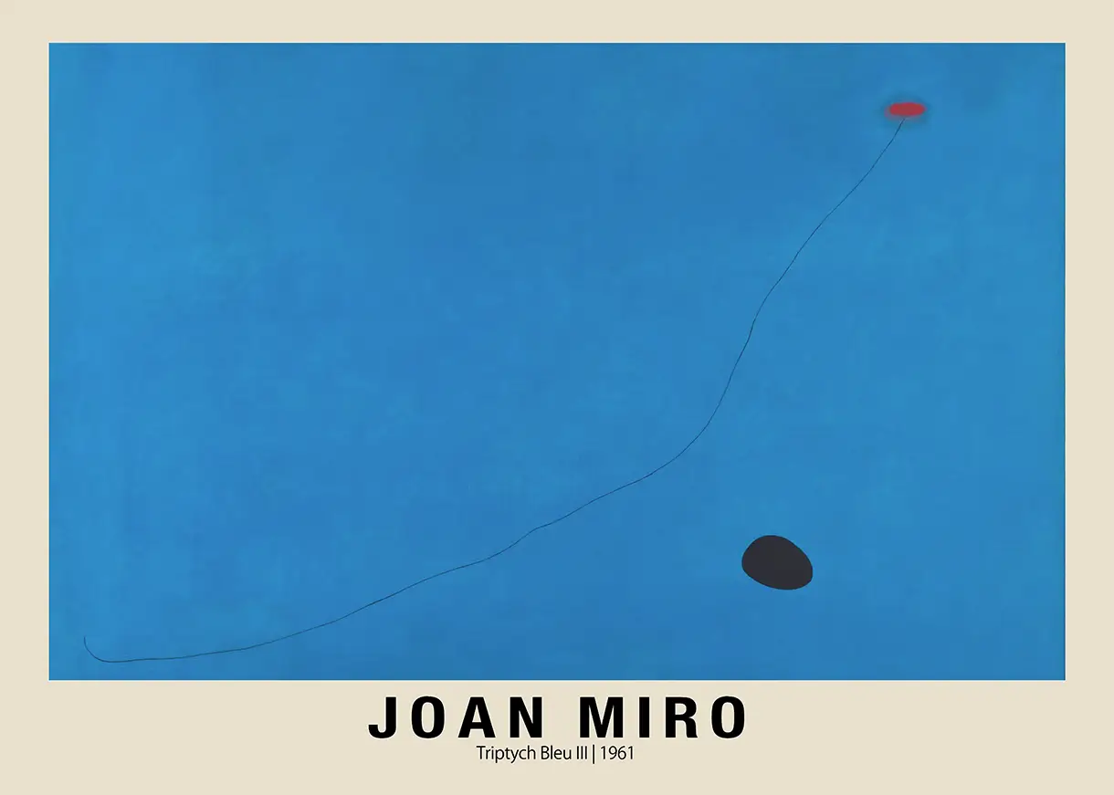 Authentic Joan Miro Bleu Iii - 1961 Surrealist Abstract Wall Art Print Joan Miro Bleu Iii Abstract Painting Featuring A Deep Blue Background With A Thin Black Line And Red And Black Dots.