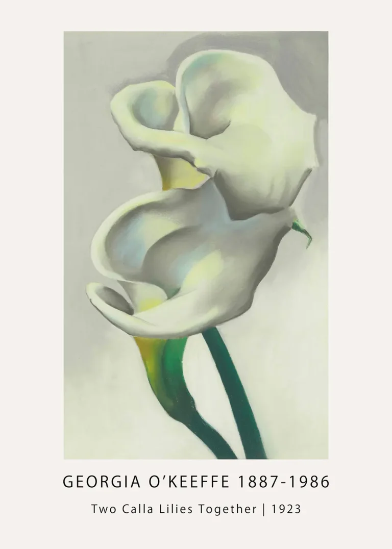Georgia O'Keeffe Print featuring Two Calla Lilies Together from 1923 in a modernist white and green floral painting style.