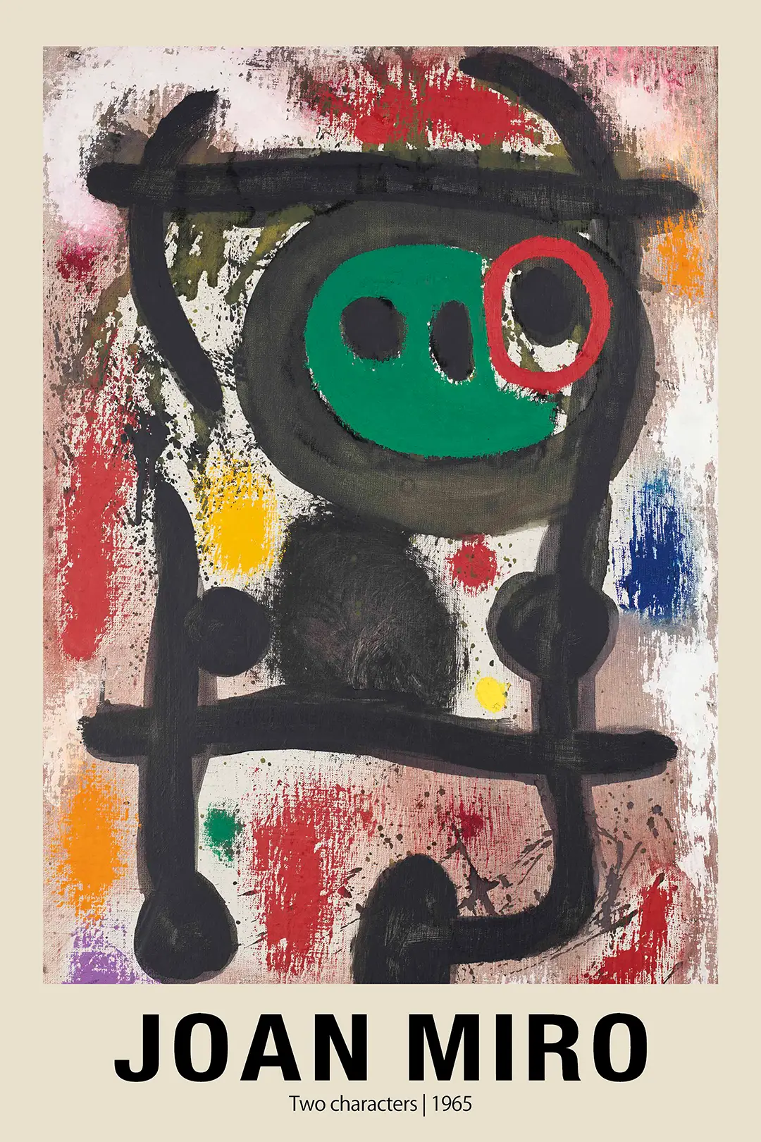 Authentic Joan Miró Print - Two Characters 1965 Abstract Surrealist Wall Art Joan Miró Print Showing The 1965 Two Characters Painting With Black Lines And Green, Red, And Blue Abstract Shapes.