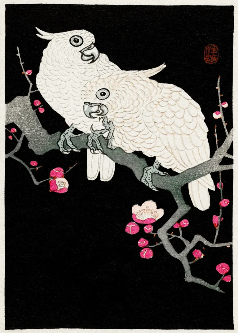 Cockatoo Plum Blossom — pair of white cockatoos resting on a flowering plum branch, rendered in