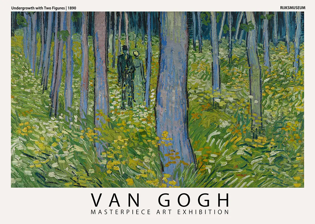 Classic Van Gogh Forest Print - Undergrowth With Two Figures 1890 Art Van Gogh Forest Print Showing Undergrowth With Two Figures With Thick Green And Yellow Brushstrokes And Blue Tree Trunks.