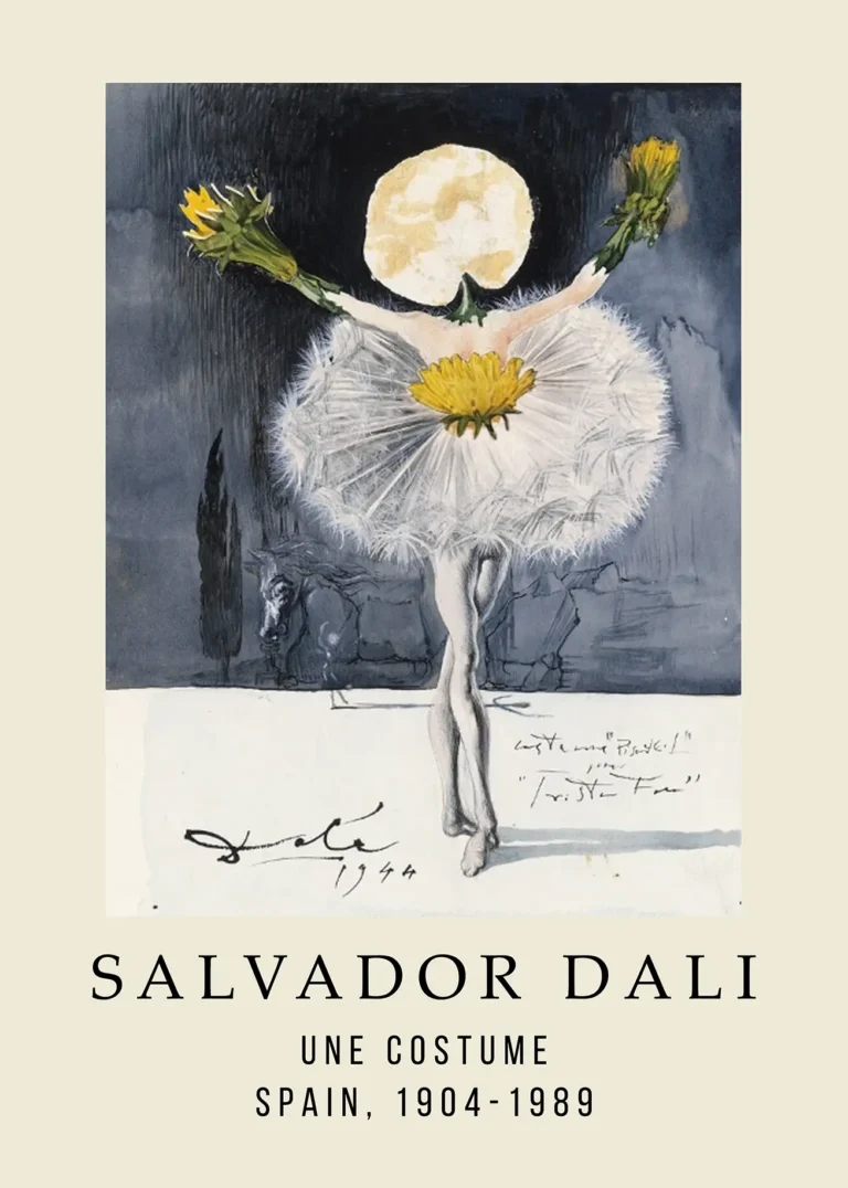 Salvador Dali Une Costume — surreal Salvador Dali exhibition print featuring a ballerina with a