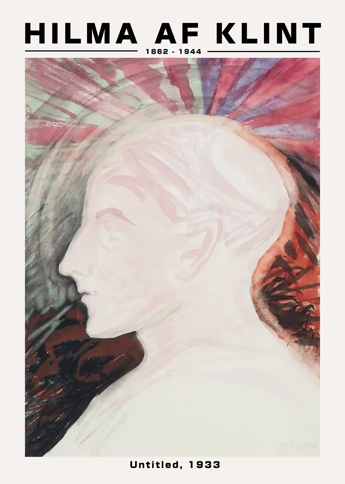 Hilma af Klint print. Abstract 1933 Untitled profile silhouette with radiating pink and red rays on matte paper.