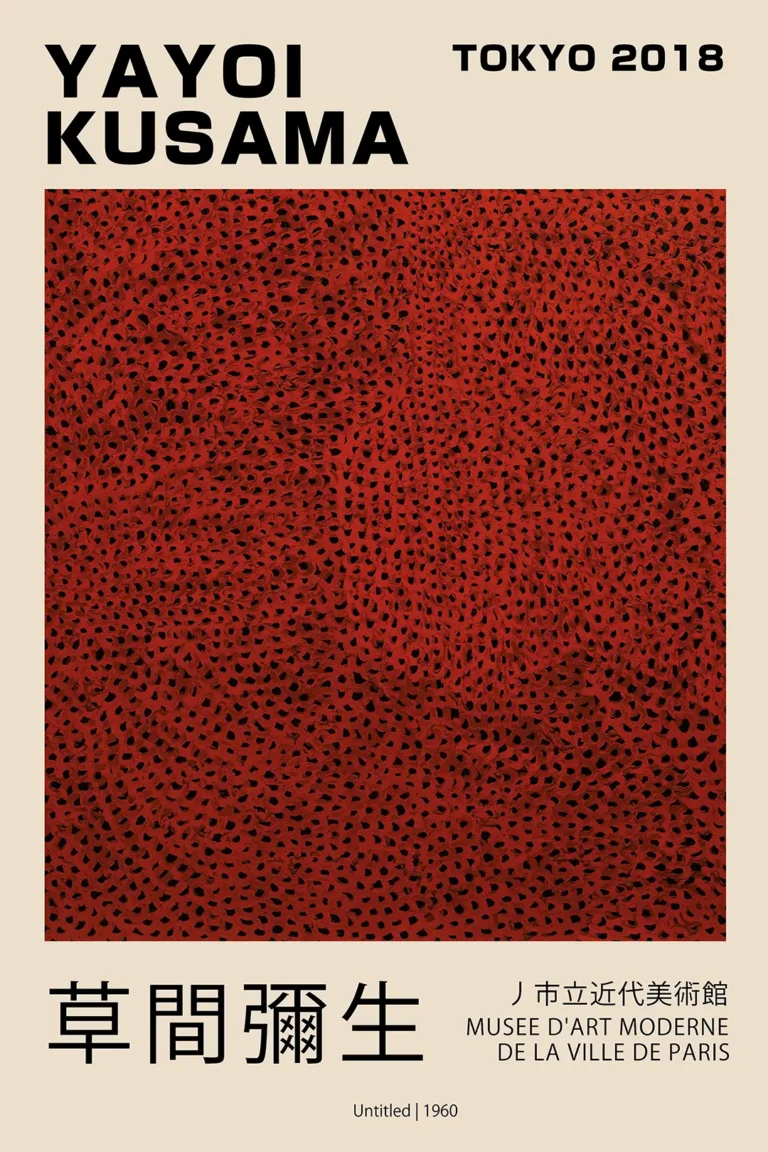 Yayoi Kusama Tokyo 2018 — red exhibition print featuring Yayoi Kusama's Untitled 1960 with a