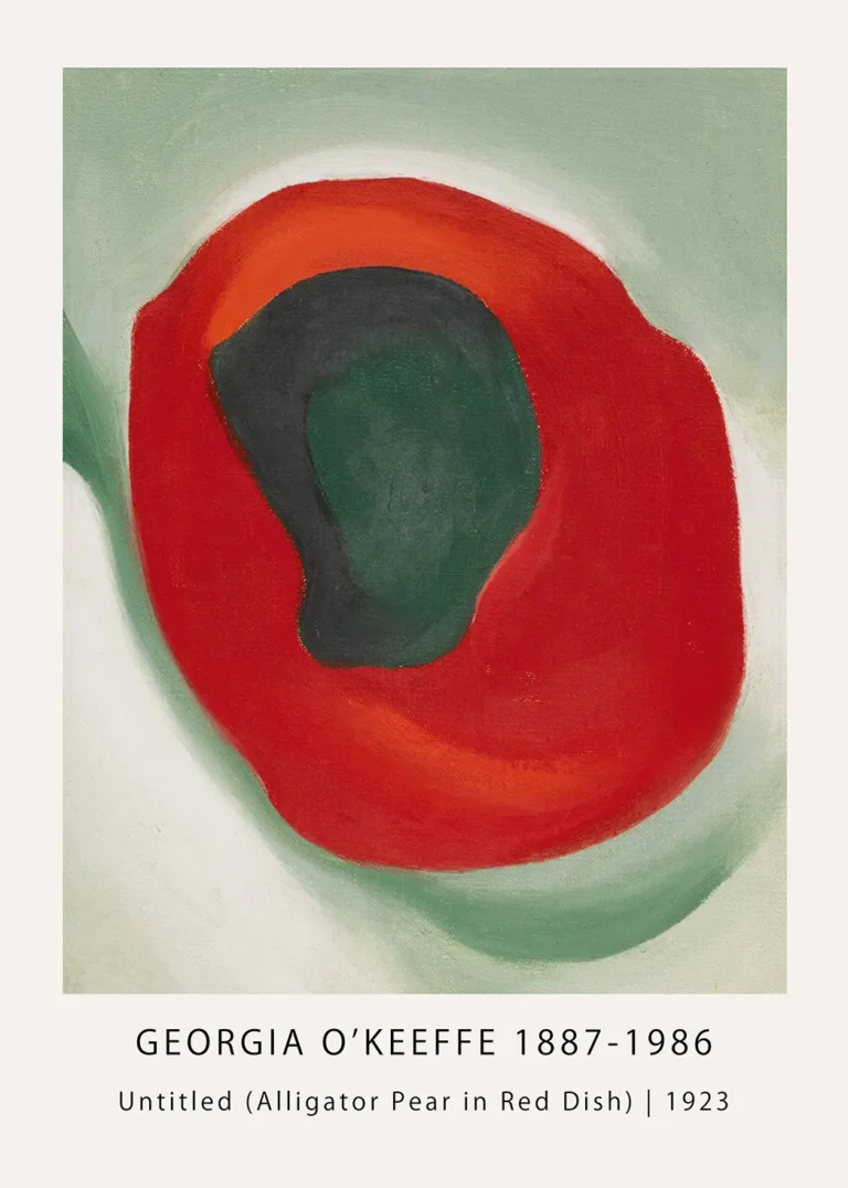 Georgia O'Keeffe print showing an avocado fruit in a bright red dish, an abstract oil painting from 1923.