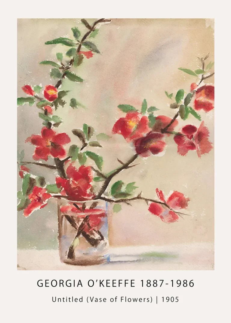 Georgia O'Keeffe floral print featuring red flowers on thorny branches in a glass vase from 1905 watercolor painting.