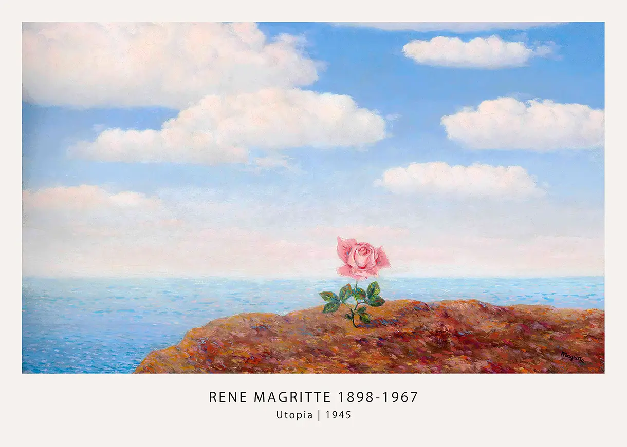Classic Rene Magritte Utopia - 1945 Surrealist Flower Exhibition Print Rene Magritte Utopia Print Showing A Pink Rose Blooming On A Rock By The Ocean With White Clouds In A Blue Sky.
