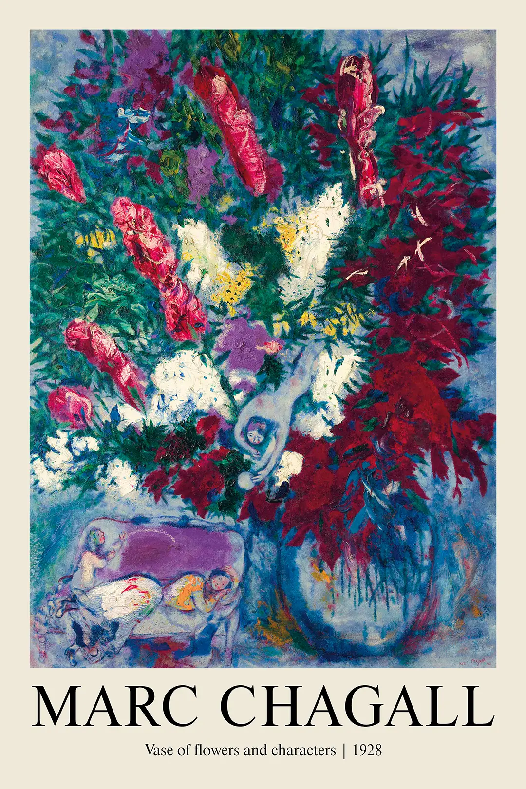 Marc Chagall Poster - Vase Of Flowers And Characters 1928 Surrealist Art Marc Chagall Poster Showing A 1928 Painting Of A Large Vase Of Flowers With Surrealist Human Figures And Blue Background.