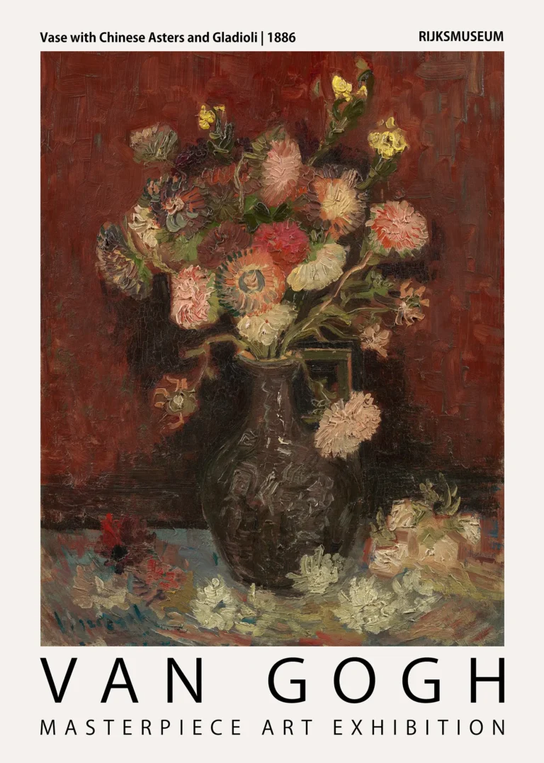 Van Gogh Vase Chinese — rich impressionist study featuring Chinese asters and gladioli in a