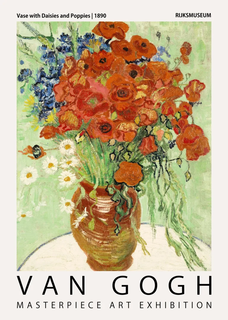 Vase Daisies Poppies — impressionist arrangement of vibrant red poppies and white daisies in a