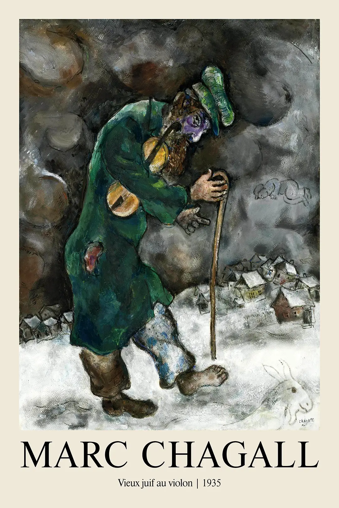 Marc Chagall Violin Print - 1935 Jewish Fiddler Surrealist Wall Art Marc Chagall Violin Print Showing An Elderly Jewish Man In A Green Coat With A Violin Walking Through A Snowy Village.