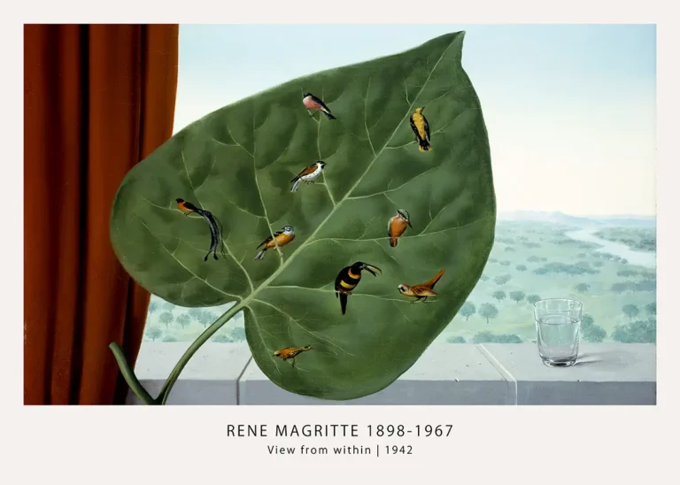 Magritte Bird Print View — magritte bird print with small birds on a green leaf beside a water