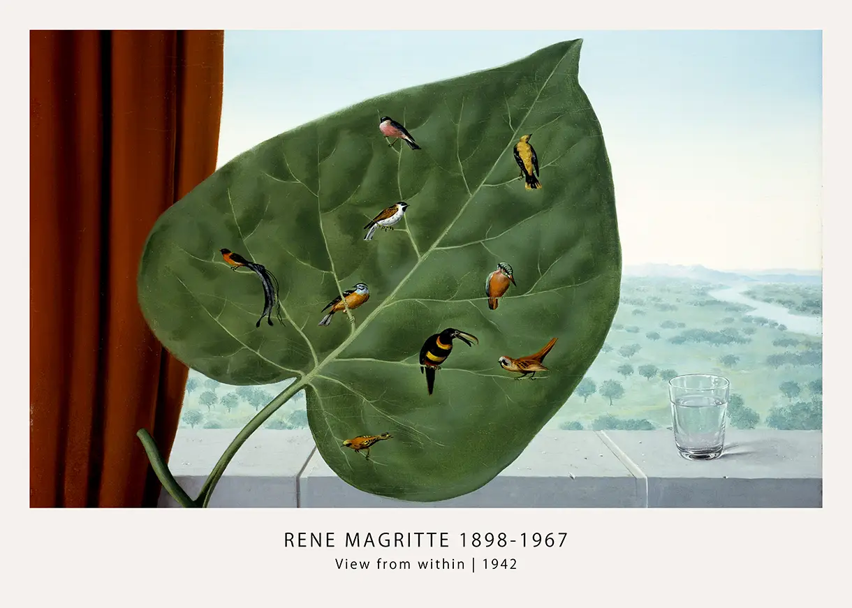 Authentic Rene Magritte Print - View From Within 1942 Surrealism Art Rene Magritte Print Featuring A Large Leaf With Birds On A Window Sill Overlooking A River Valley In 1942.