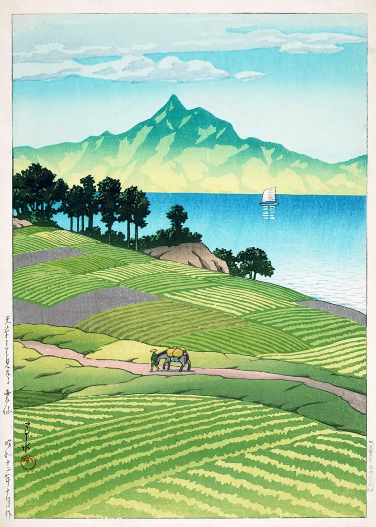 Mount Unzen Amakusa Kawase — 1929 woodblock scene featuring terraced green fields, a traveler with a