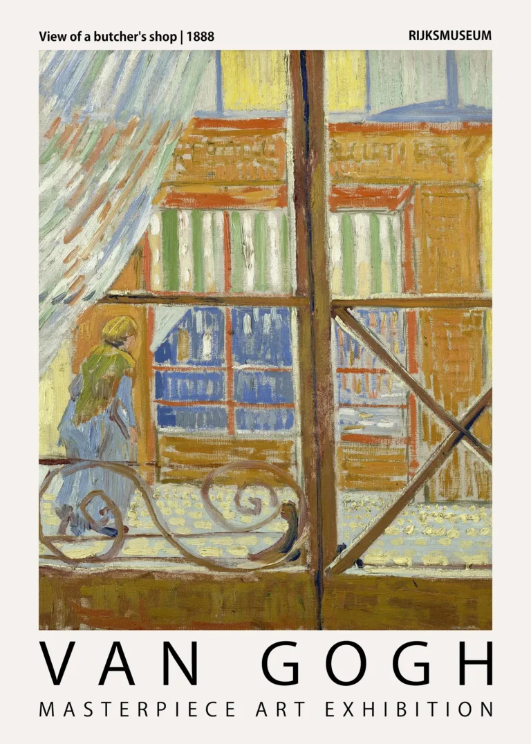 Van Gogh View Butcher's — vibrant post-impressionist scene of a storefront window with striped