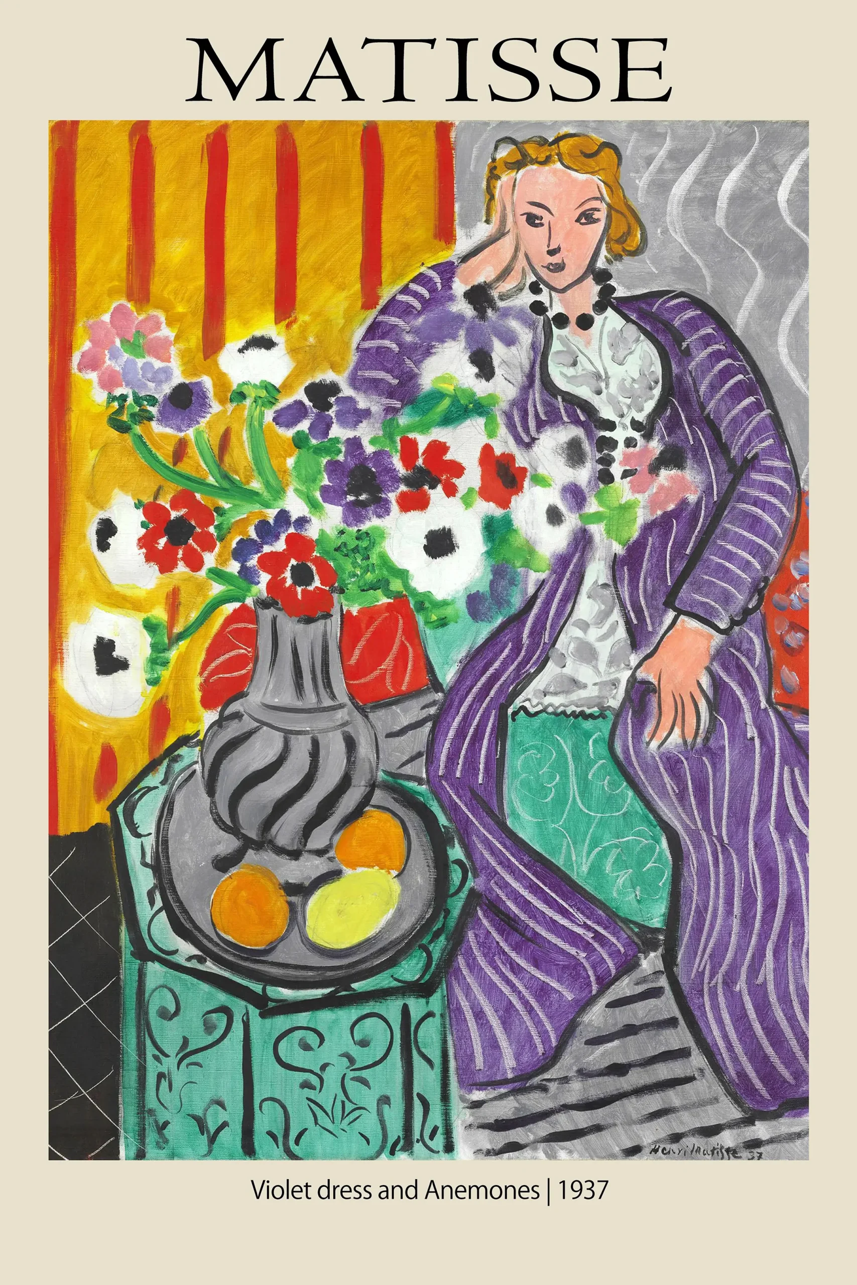 Exclusive Matisse Exhibition Poster - Violet Dress And Anemones Art Print Matisse Exhibition Poster Featuring A Woman In A Purple Dress Next To A Vase Of Red And White Anemones On A Teal Table.