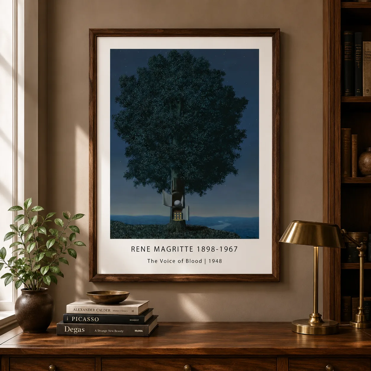 Room mockup of Voice of Blood Print, Magritte Tree House Surreal Wall Art Print, displayed as framed wall art in a bedroom setting as a portrait print with blue tones.