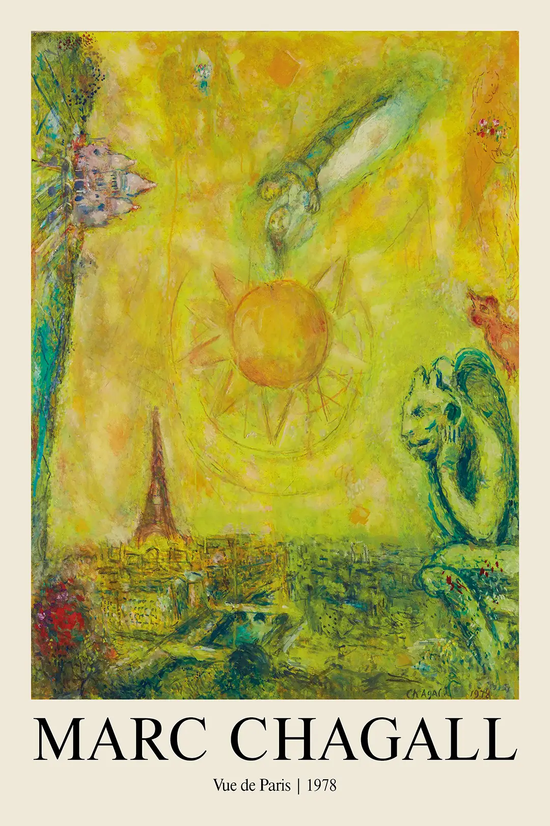 Marc Chagall Paris Print - Vue De Paris 1978 Surrealism Wall Art Marc Chagall Paris Print Featuring A Green Gargoyle Overlooking The Eiffel Tower And A Golden Sun In Surrealist Style.