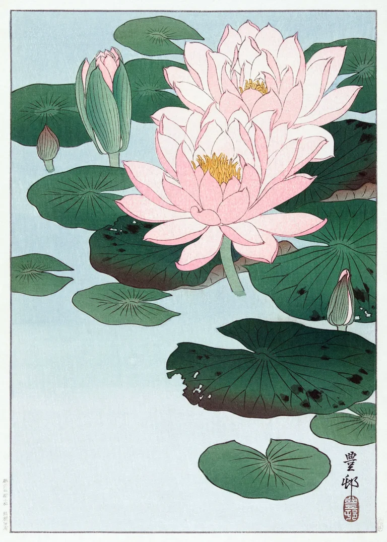 Water Lily Woodblock — delicate pink water lilies and deep green lily pads float on a pale