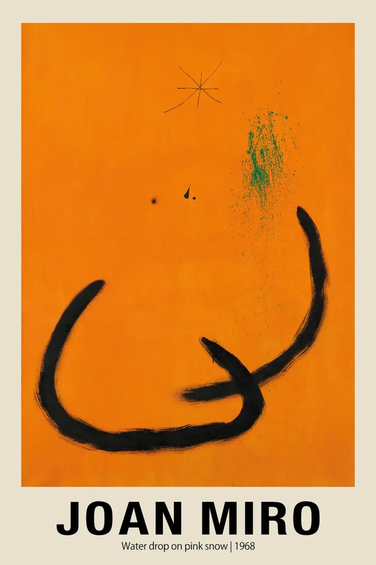 Joan Miro Water Drop — vibrant orange surrealist print featuring Joan Miro's 1968 work Water