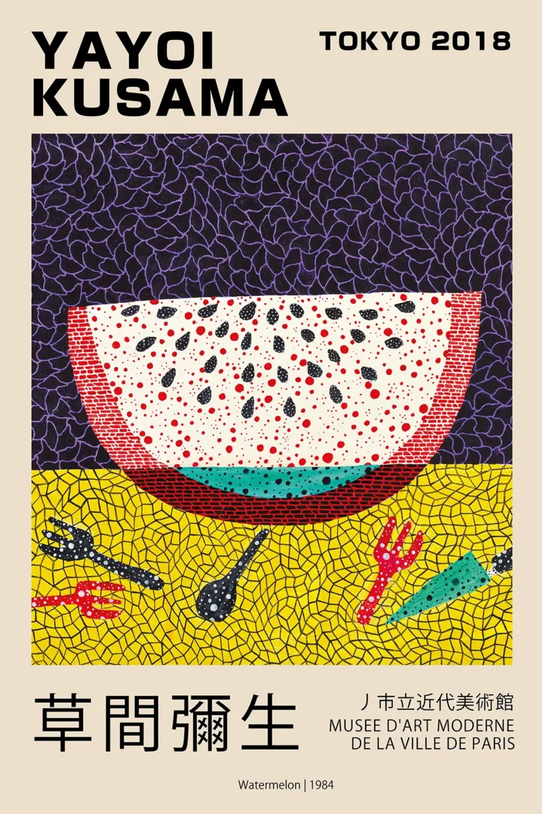 Yayoi Kusama Watermelon — vibrant slice of watermelon featuring Kusama's signature dots and nets