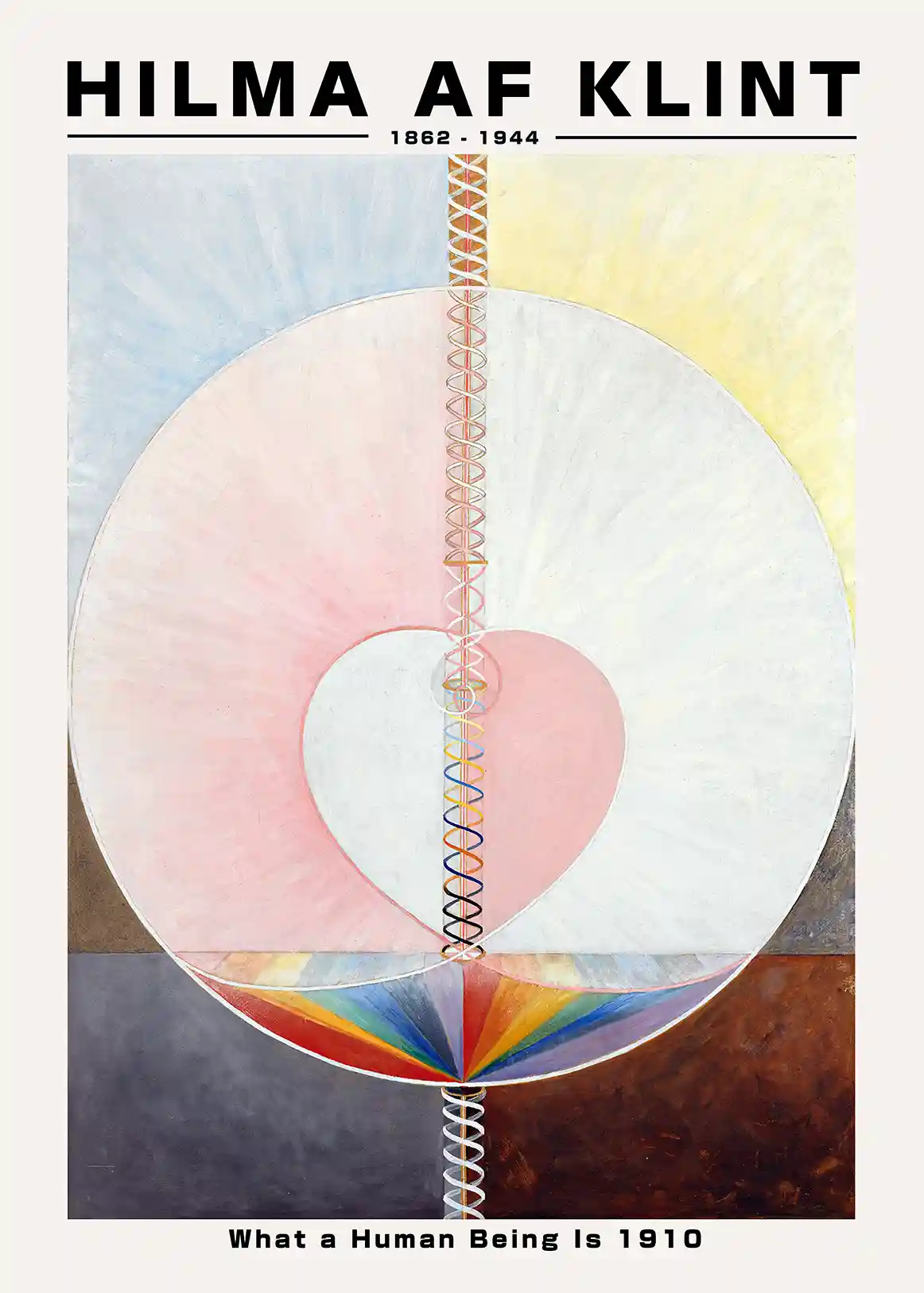 Hilma af Klint print of What a Human Being Is featuring a central heart, helix spiral, and pastel circles.