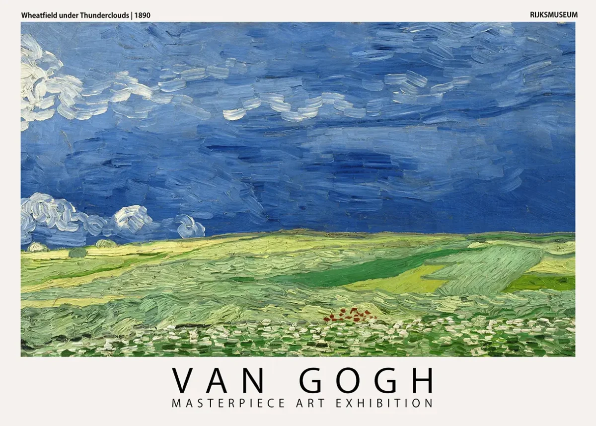 Van Gogh Wheatfield print showing dark blue thunderclouds over a bright green and yellow field in a vintage gallery style.