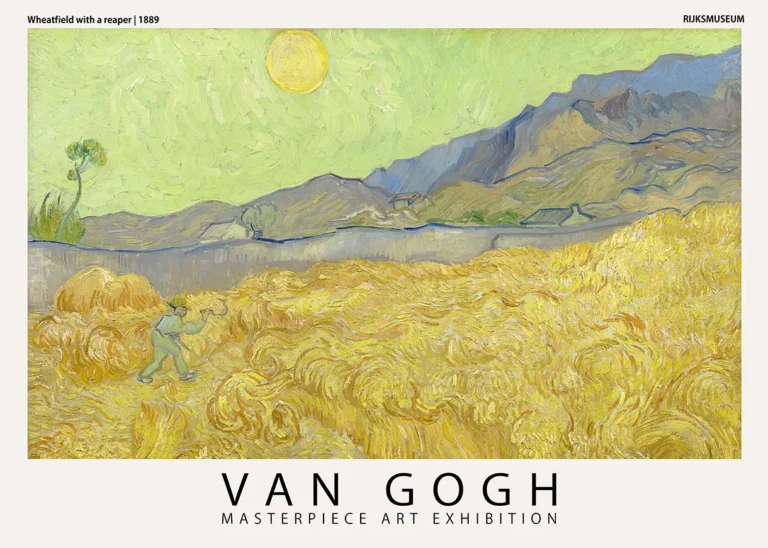 Van Gogh Wheatfield Reaper — vibrant Impressionist scene featuring a lone reaper harvesting golden