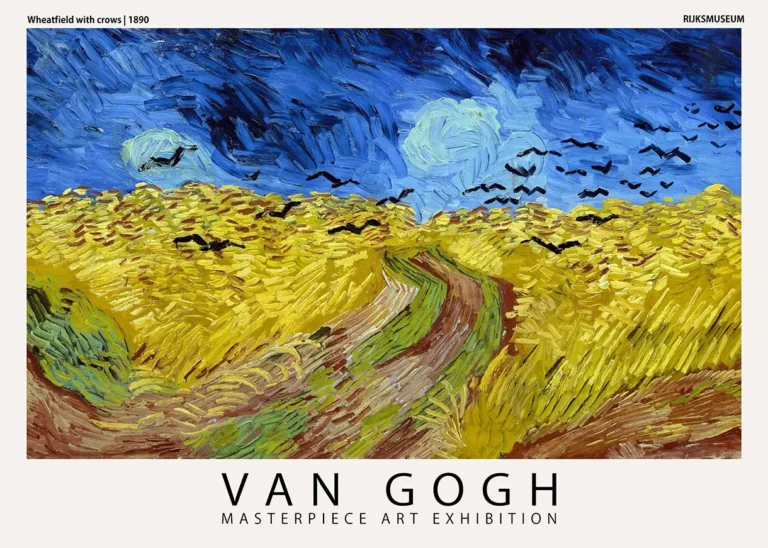 Wheatfield Crows Vincent van — turbulent blue sky hangs over golden wheat fields with black crows in