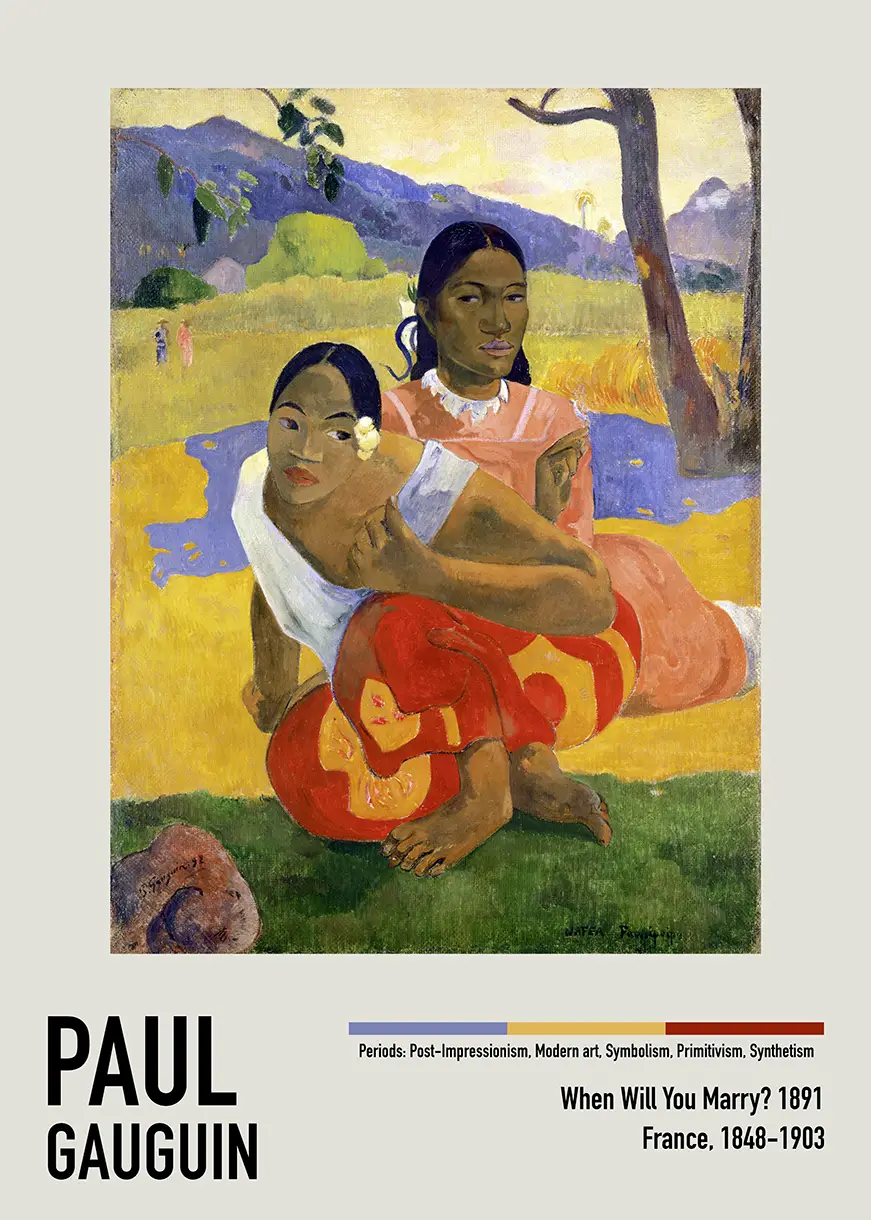 Authentic Paul Gauguin Print - When Will You Marry? 1891 Tahitian Wall Art Paul Gauguin Print Of Nafea Faa Ipoipo Featuring Two Tahitian Women Seated In A Bright Yellow And Green Tropical Field.