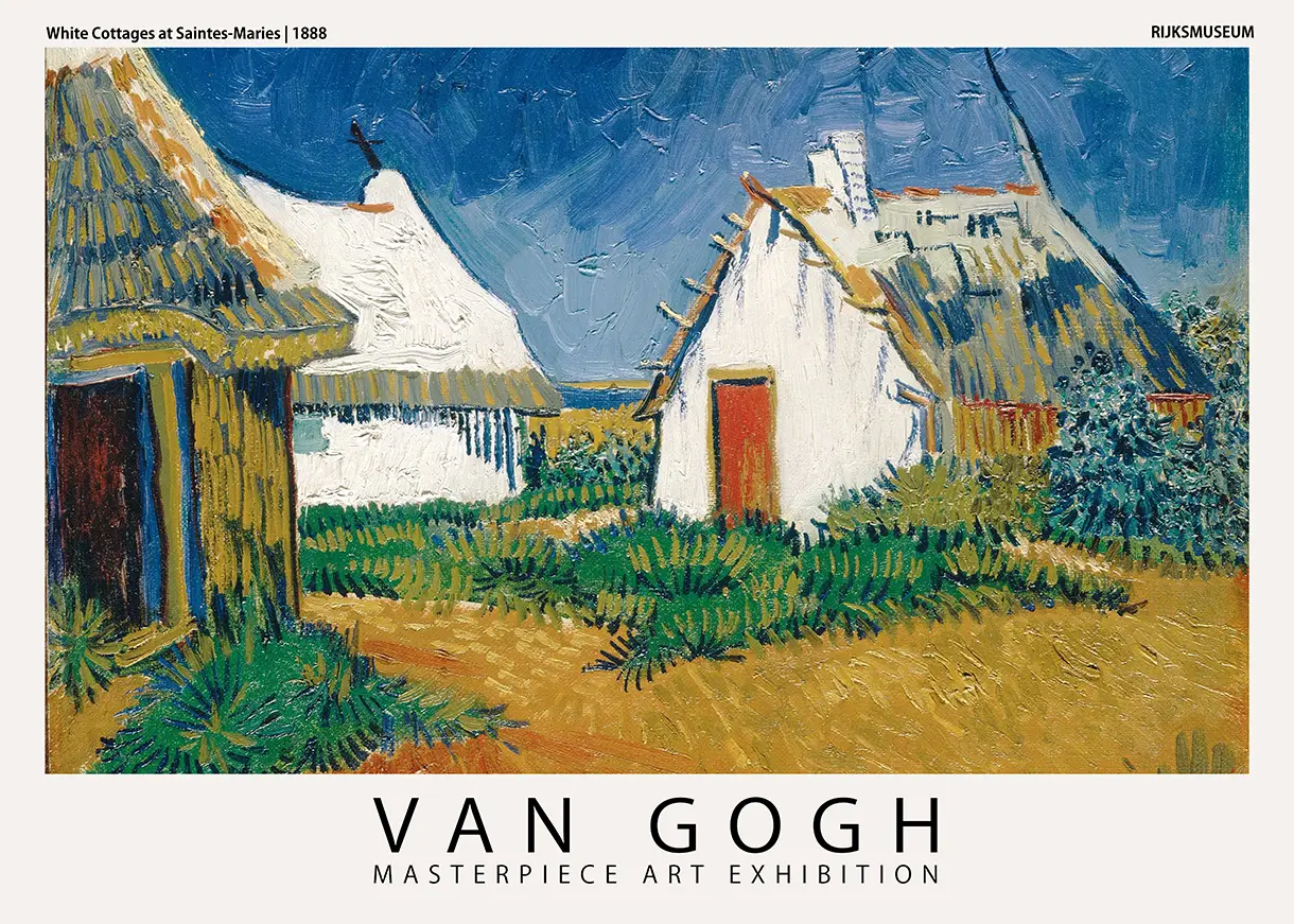 Classic Van Gogh Cottage Print - Saintes-Maries 1888 Fine Art Poster Van Gogh Cottage Print Featuring White Thatched-Roof Houses And A Deep Blue Sky In Saintes-Maries-De-La-Mer 1888.