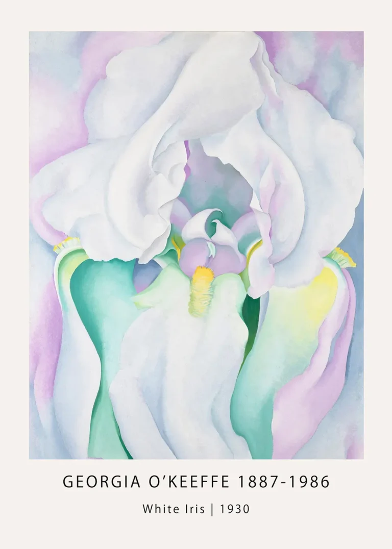 White Iris print. A macro close-up of a white flower with purple shadows and yellow stamen by Georgia O'Keeffe.