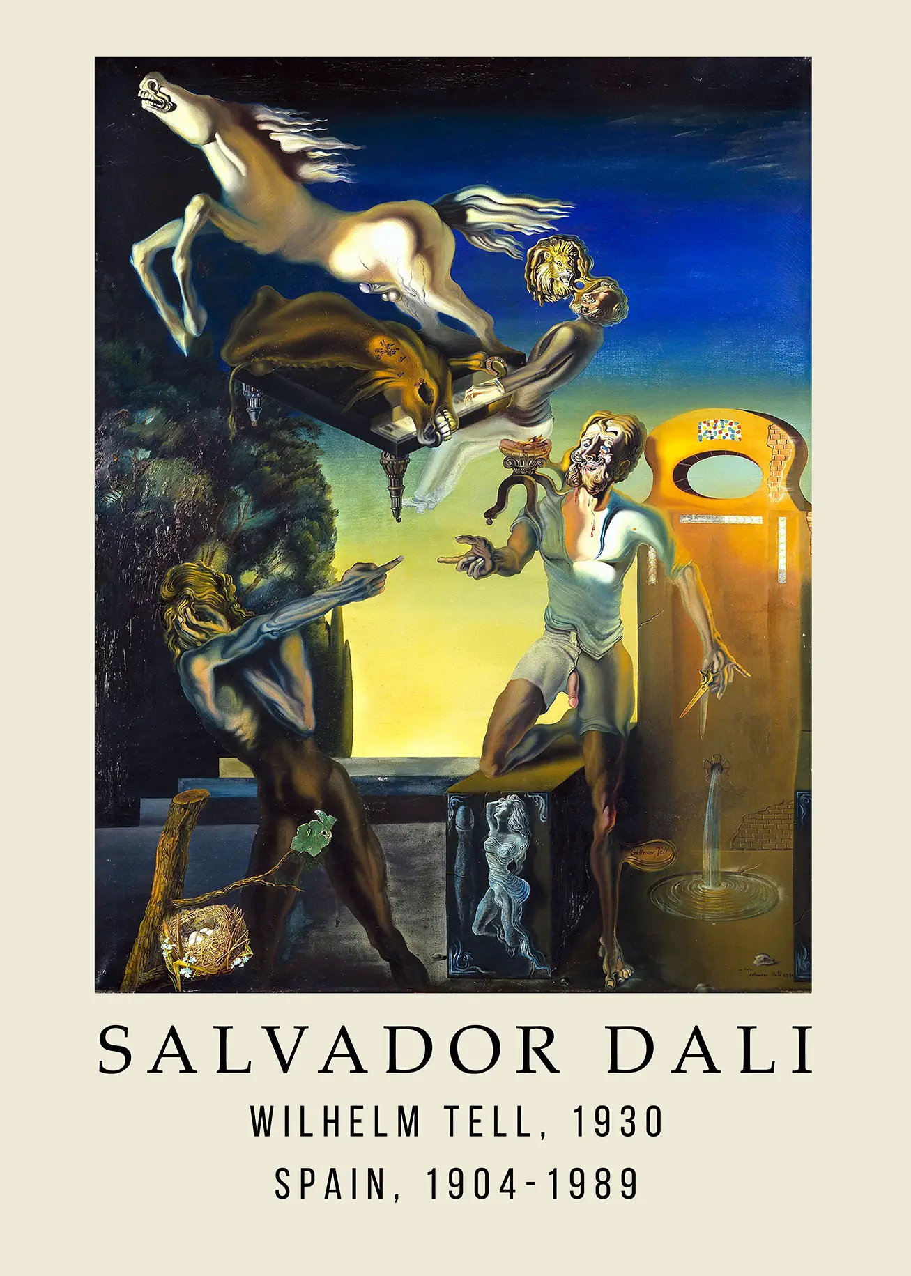 Classic Wilhelm Tell Dali Print: Surrealist 1930 Spanish Art Poster Wilhelm Tell Dali Print Showing A Surrealist 1930 Painting With Distorted Figures, A Piano, And A Yellow And Blue Sky.