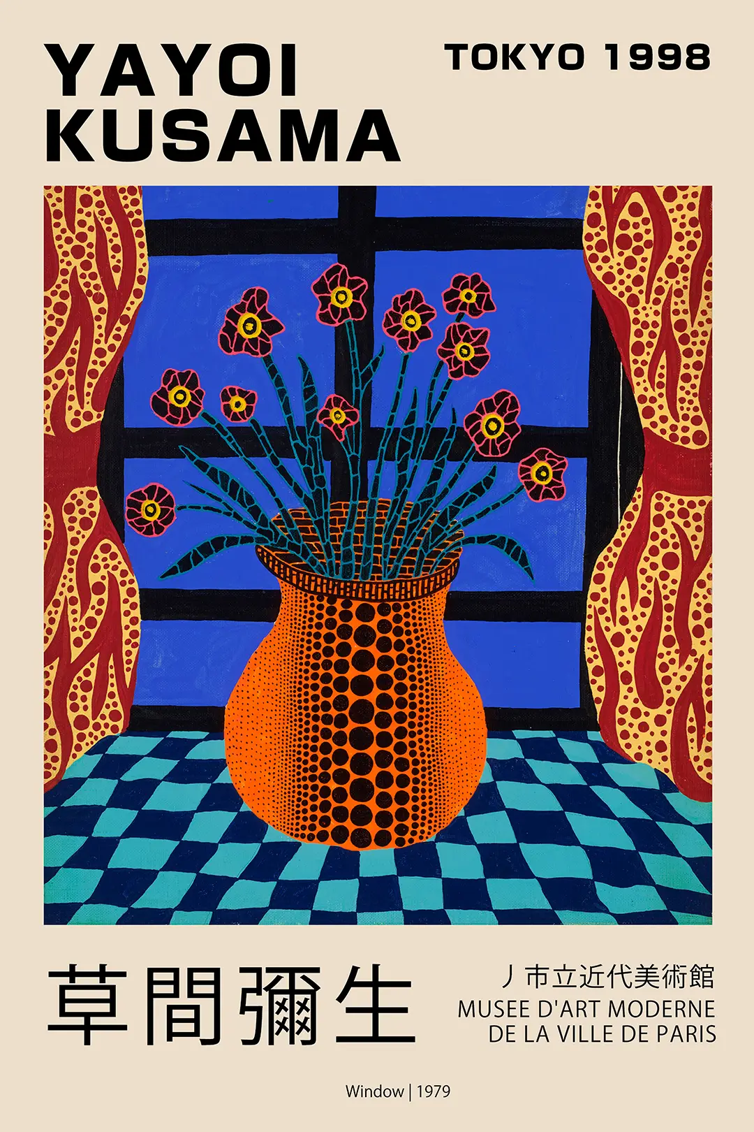 Classic Yayoi Kusama Window Poster - 1979 Tokyo Exhibition Art Yayoi Kusama Window Poster With An Orange Polka Dot Vase, Red Flowers, Blue Background, And Blue Checkered Table Surface.