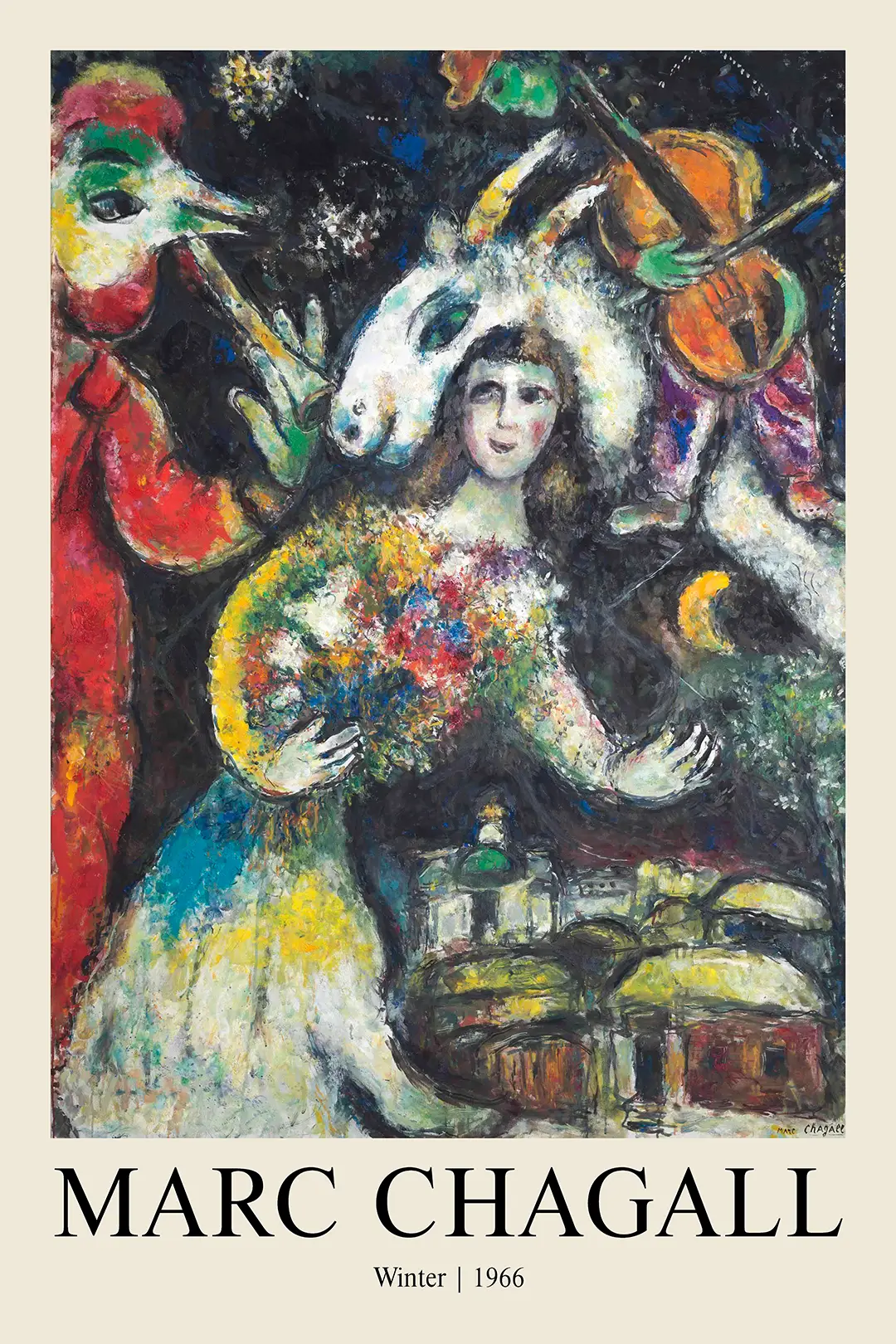 Authentic Marc Chagall Winter Print - 1966 Modern Expressionism Art Marc Chagall Winter Print Featuring A Woman With Flowers, A White Goat, And Musicians Over A Dark Blue Russian Village.