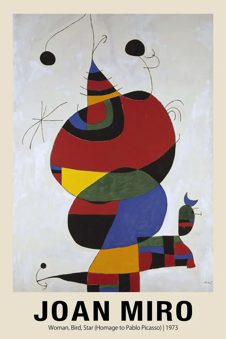 Joan Miro Woman Bird — vibrant primary colors and organic surrealist forms define this 1973