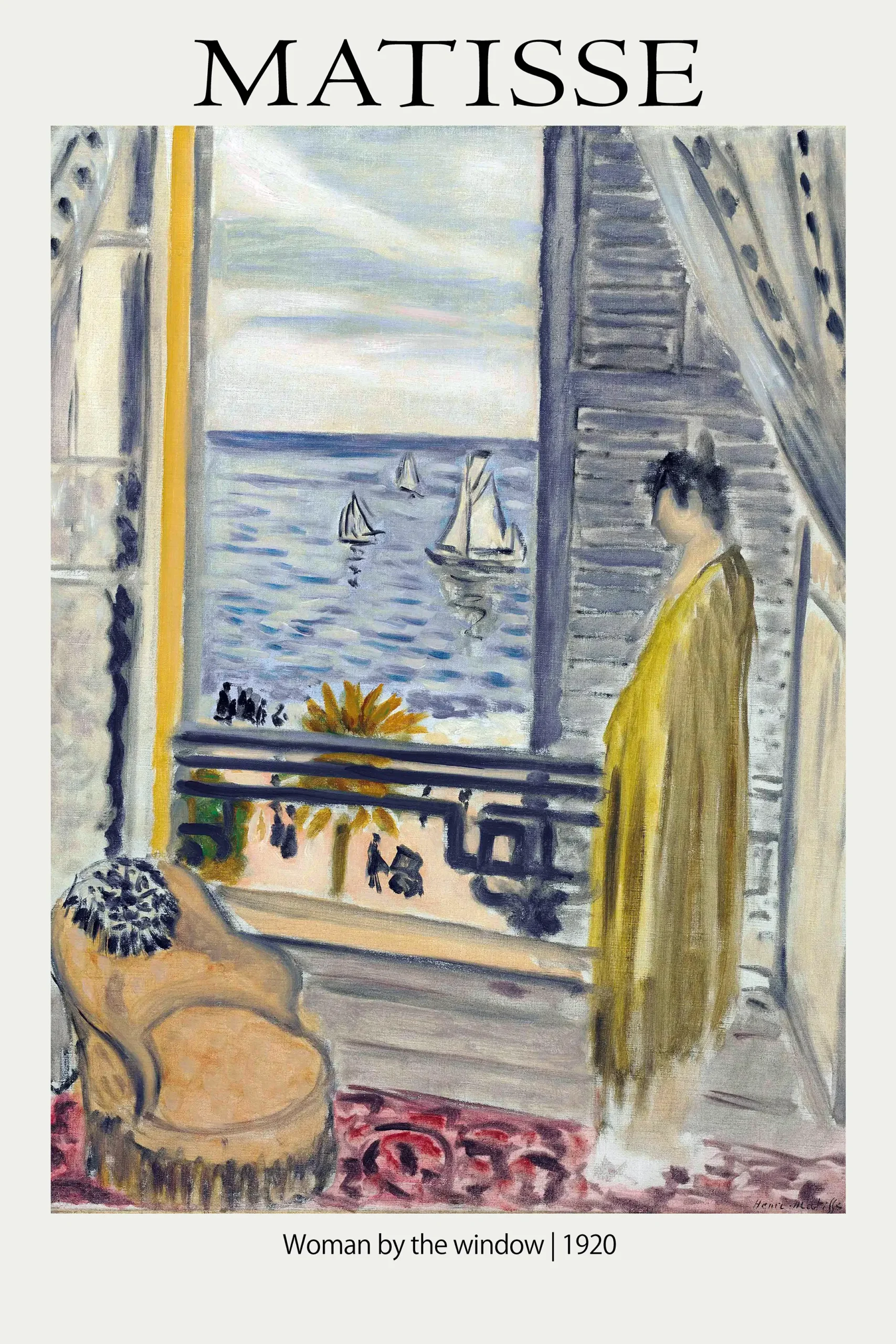 Matisse Window Print - Woman By The Window 1920 French Riviera Art Matisse Window Print Of A Woman In A Yellow Robe Looking Out A 1920S French Riviera Balcony At Sailboats On The Sea.