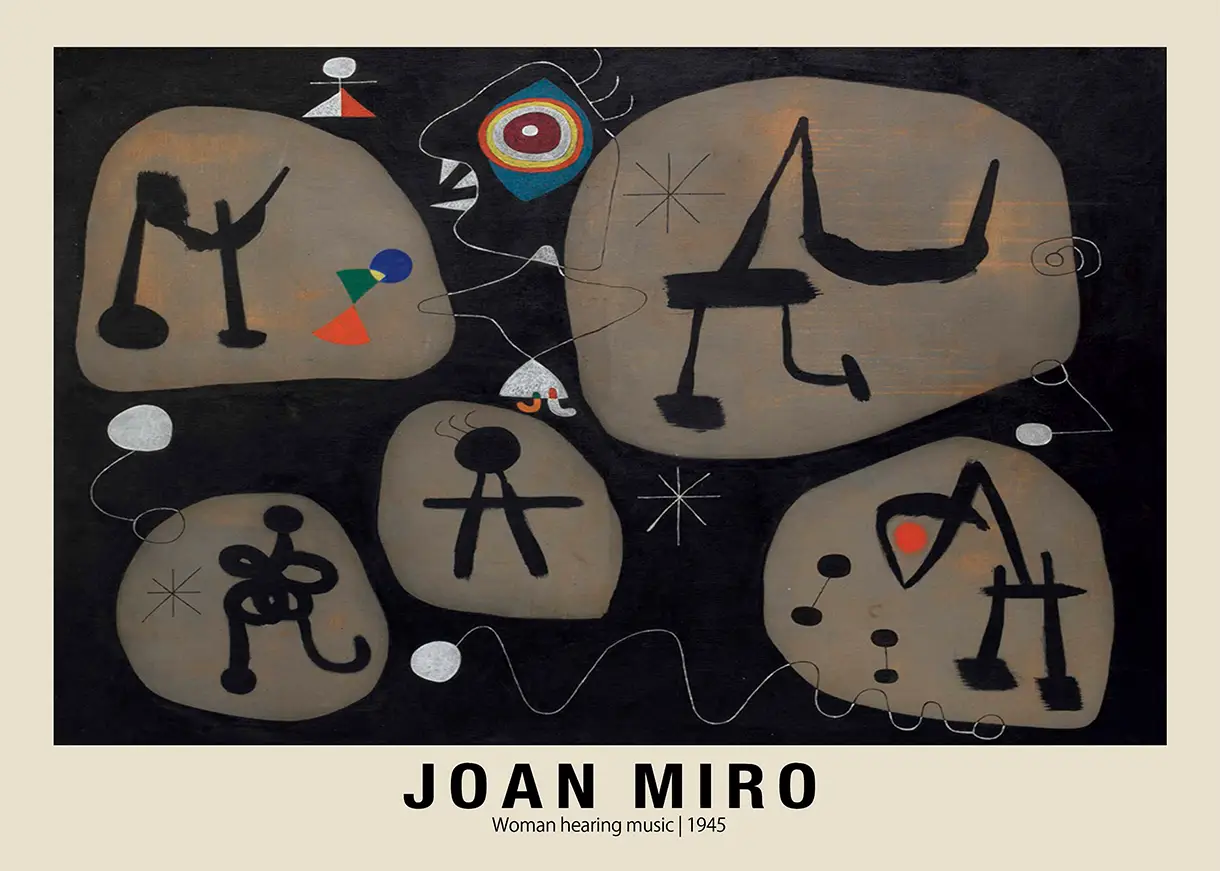 Joan Miro Art Print - Woman Hearing Music 1945 Abstract Poster Joan Miro Art Print Showing Woman Hearing Music 1945 With Black Background, Tan Shapes, And Primary Color Accents.