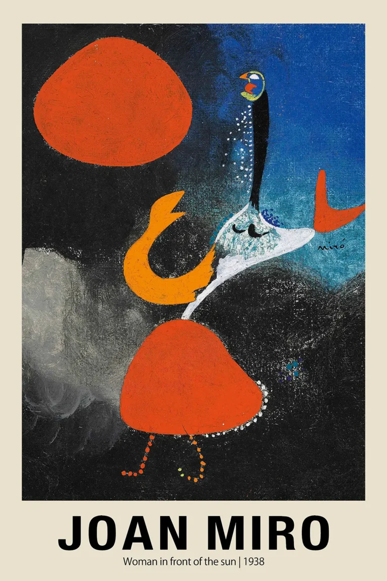 Joan Miro Woman Front — this 1938 Joan Miro abstract masterpiece features a large red sun and a