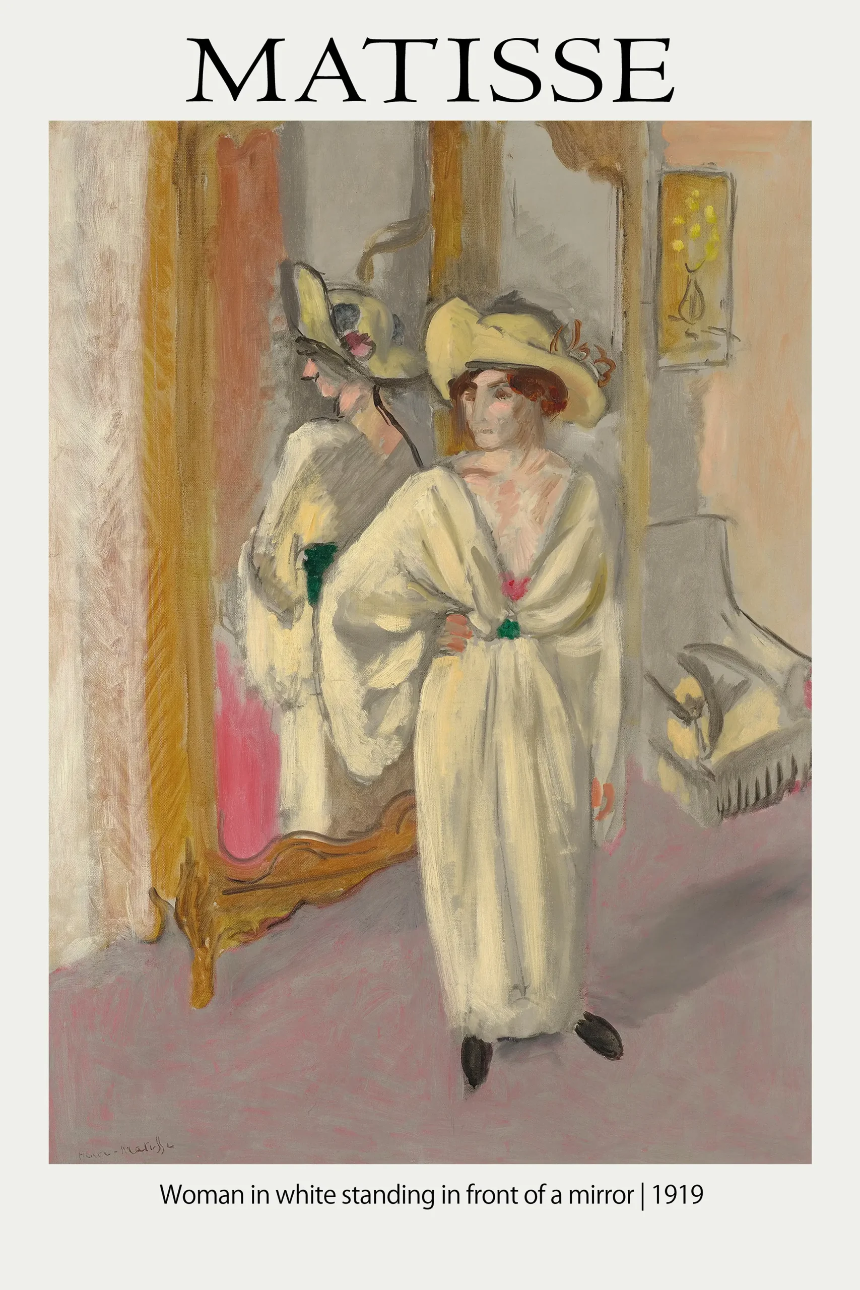 Matisse 1919 Print - Woman In White Mirror Vintage Art Poster Matisse 1919 Print Showing A Woman In A White Gown And Yellow Hat Standing In Front Of An Ornate Gold Mirror.