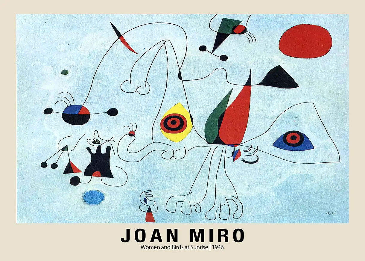 Authentic Joan Miro Print - Women And Birds At Sunrise 1946 Wall Art Joan Miro Print Showing Women And Birds At Sunrise 1946 With Abstract Geometric Shapes On Light Blue Background.