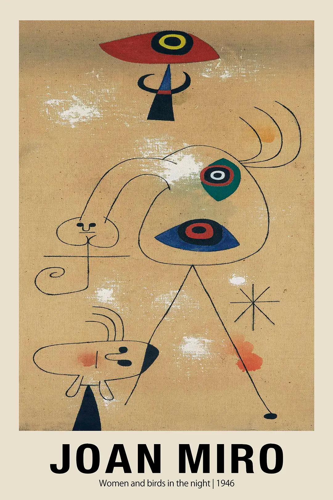 Joan Miro 1946 Print - Women And Birds In The Night Surrealist Wall Art Joan Miro 1946 Print Featuring Abstract Figures, A Red Bird-Like Shape, And Black Lines On A Beige Canvas Background.